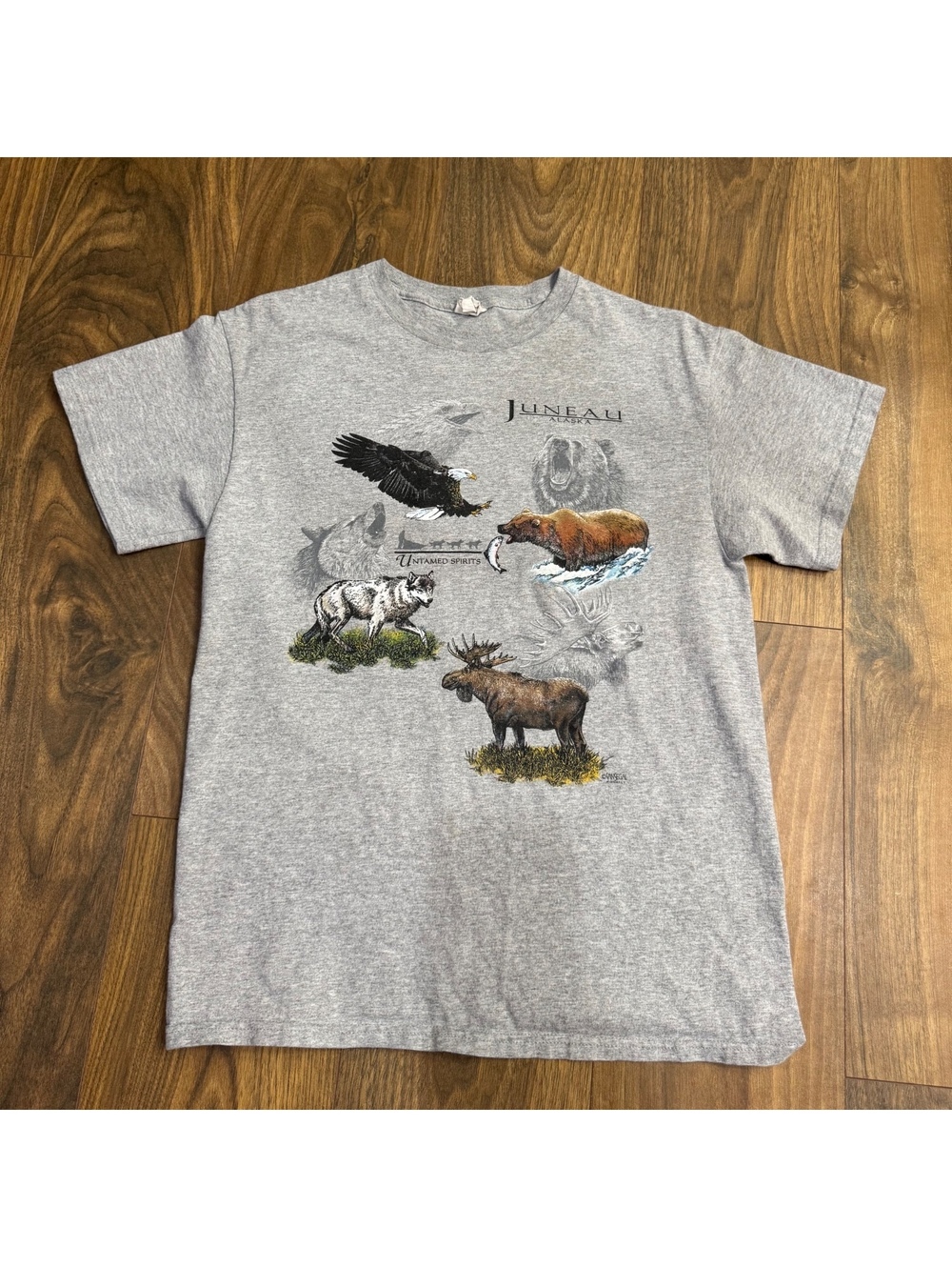 Vintage Juneau Alaska Wildlife T Shirt Gray Eagle Bear Wolf Moose Adult XL
